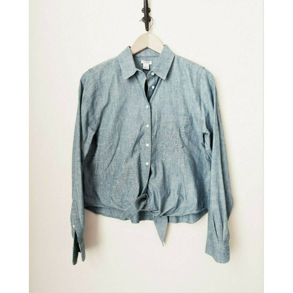 J. Crew Top- Light Denim Tie Front Button Down Shirt with Long Sleeves